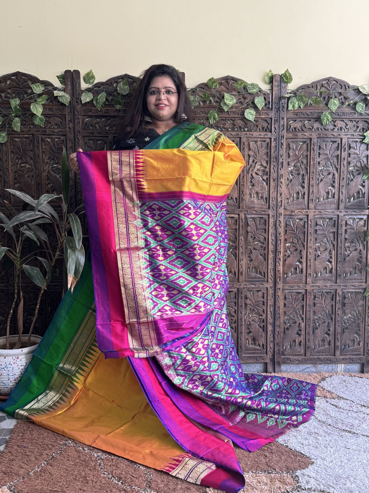 Ikkat Pattu Saree Turmeric Yellow colored complemented with a Kanchi border. - Sampradaya Designer Studio