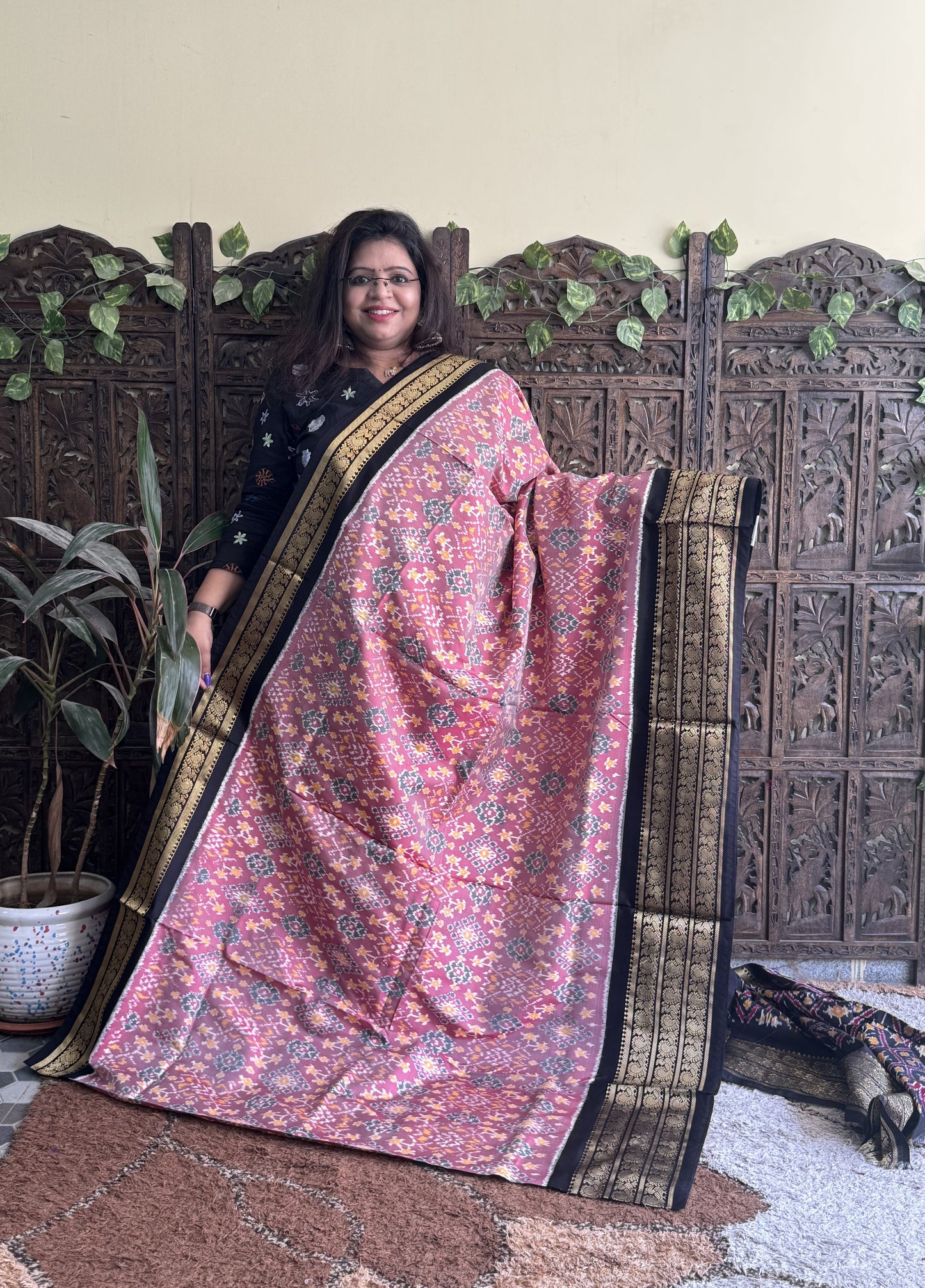 Ikkat Pattu Saree Onion Pink colored complemented with a Kanchi border. - Sampradaya Designer Studio