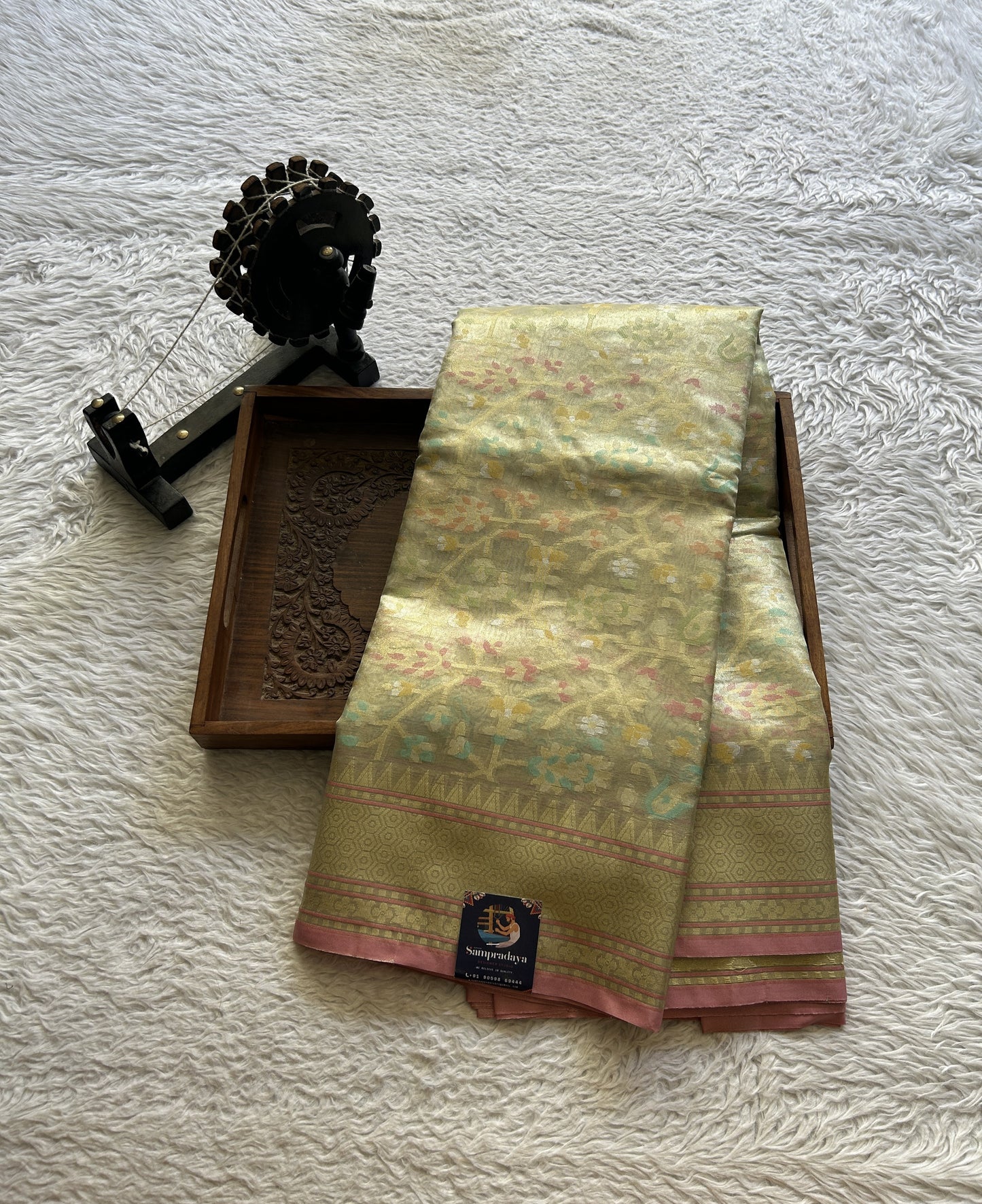 Tissue Organza Saree Very Light Green Colored Elegantly Paired with a Zari Border. - Sampradaya Designer Studio