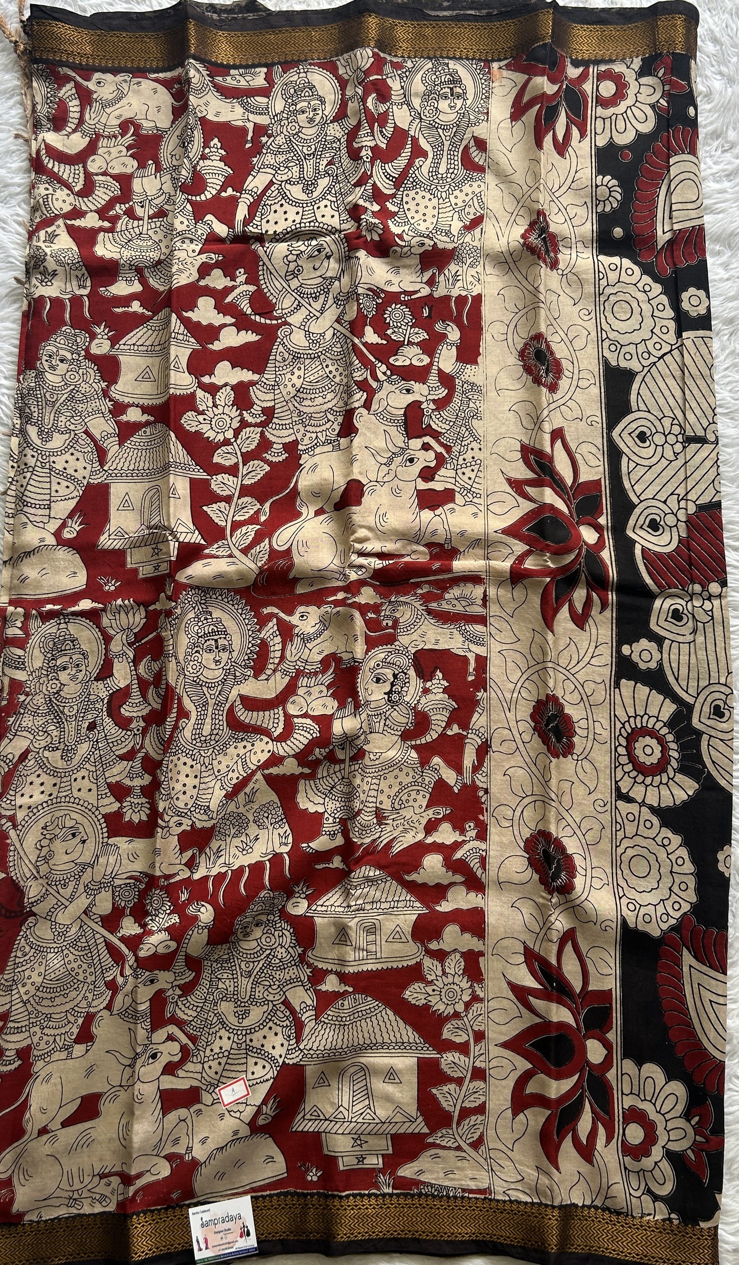 Mangalagiri Pen Kalamkari Saree Maroon colored complemented with a Zari border - Sampradaya Designer Studio