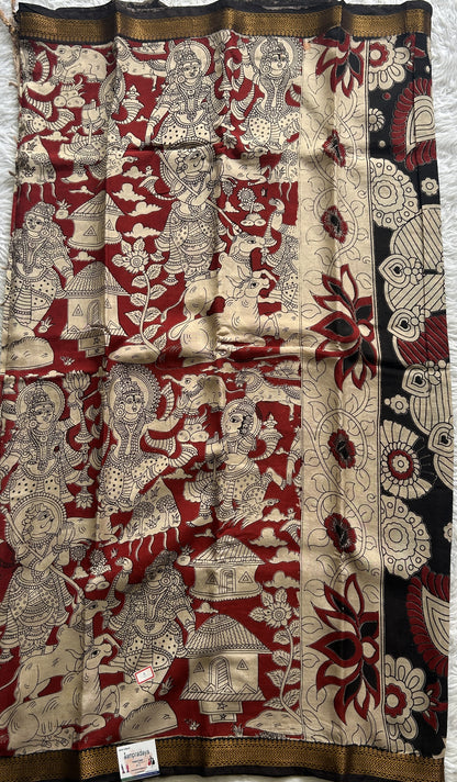Mangalagiri Pen Kalamkari Saree Maroon colored complemented with a Zari border - Sampradaya Designer Studio