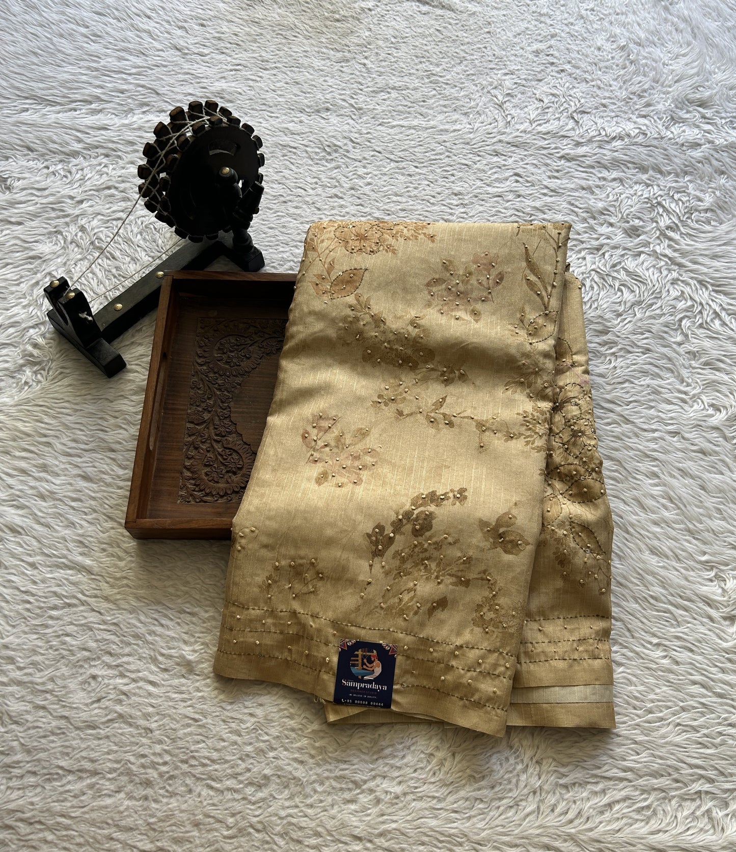 Semi Tussar Saree Colored Wheat Complemented with a Borderless. - Sampradaya Designer Studio
