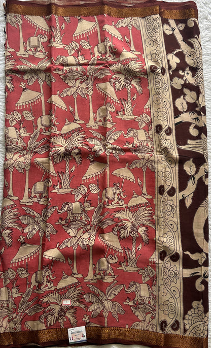 Mangalagiri Pen Kalamkari Saree Dark Pink colored complemented with a Zari border - Sampradaya Designer Studio