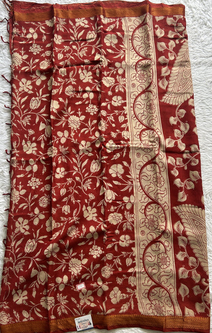 Mangalagiri Pen Kalamkari Saree Dark Red colored complemented with a Zari border - Sampradaya Designer Studio