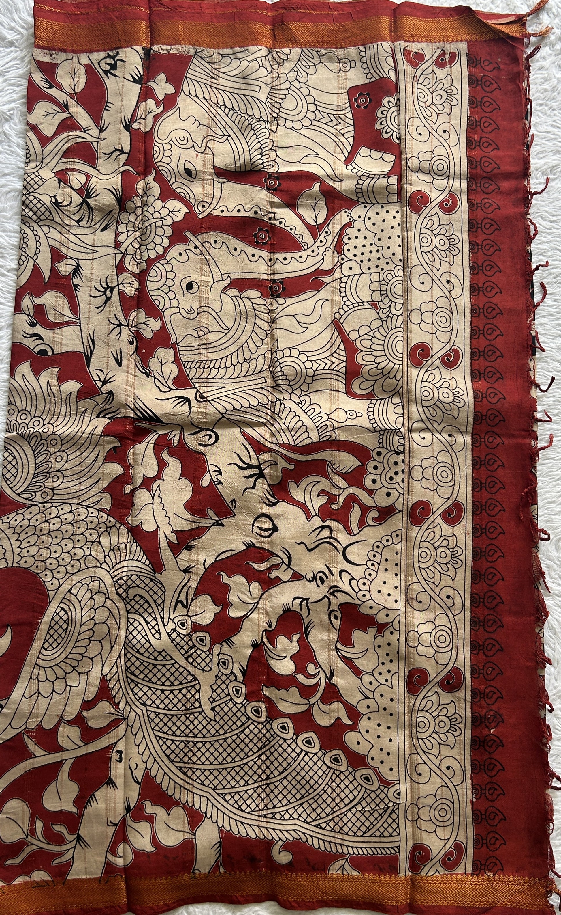 Mangalagiri Pen Kalamkari Saree Black colored complemented with a Zari border - Sampradaya Designer Studio
