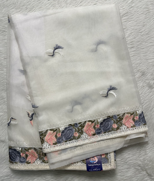 Soft Organza Designer Saree White colored Saree complemented with a Machine Embroidery border. - Sampradaya Designer Studio