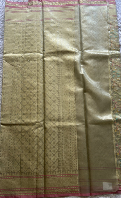 Tissue Organza Saree Very Light Green Colored Elegantly Paired with a Zari Border. - Sampradaya Designer Studio
