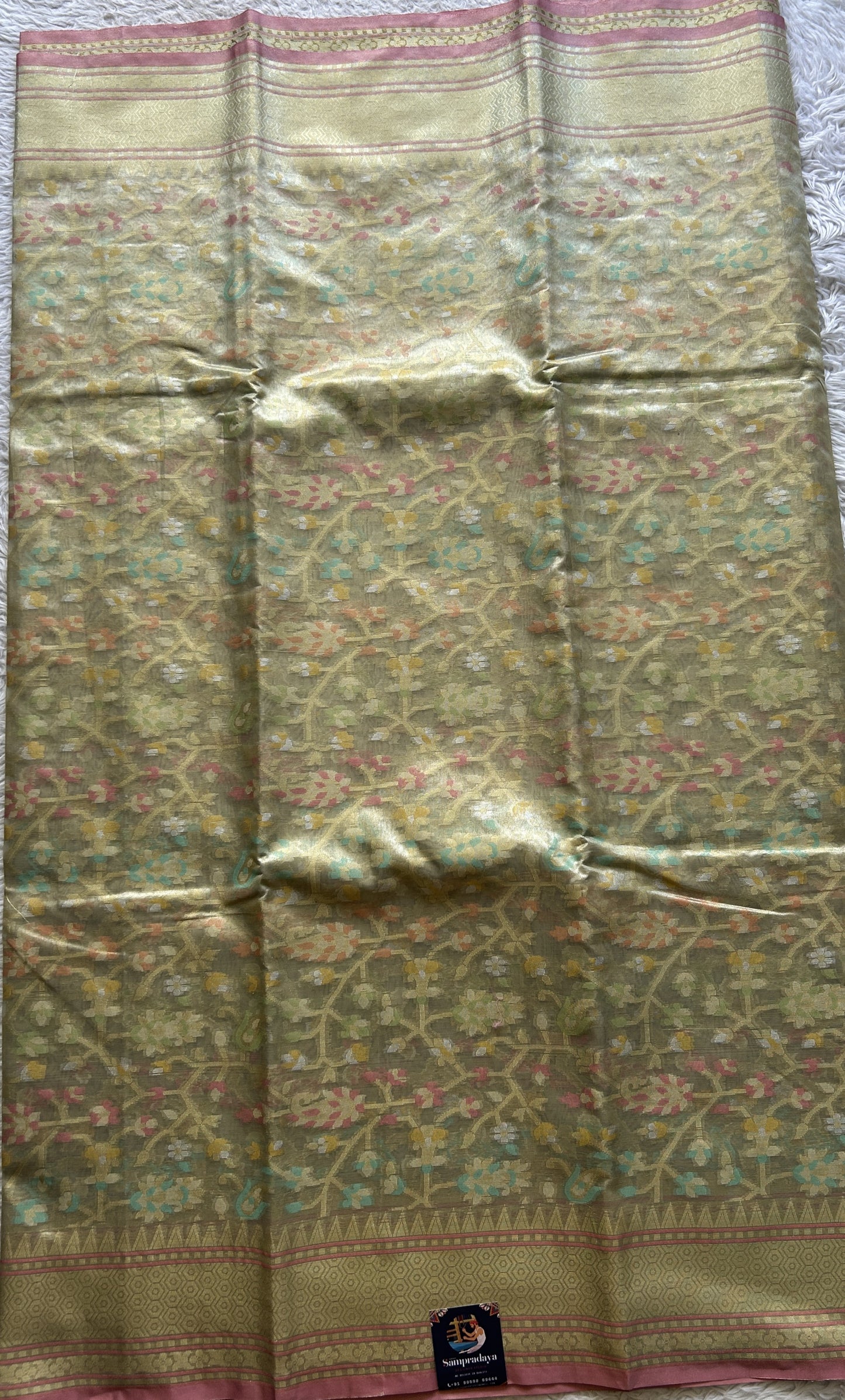 Tissue Organza Saree Very Light Green Colored Elegantly Paired with a Zari Border. - Sampradaya Designer Studio