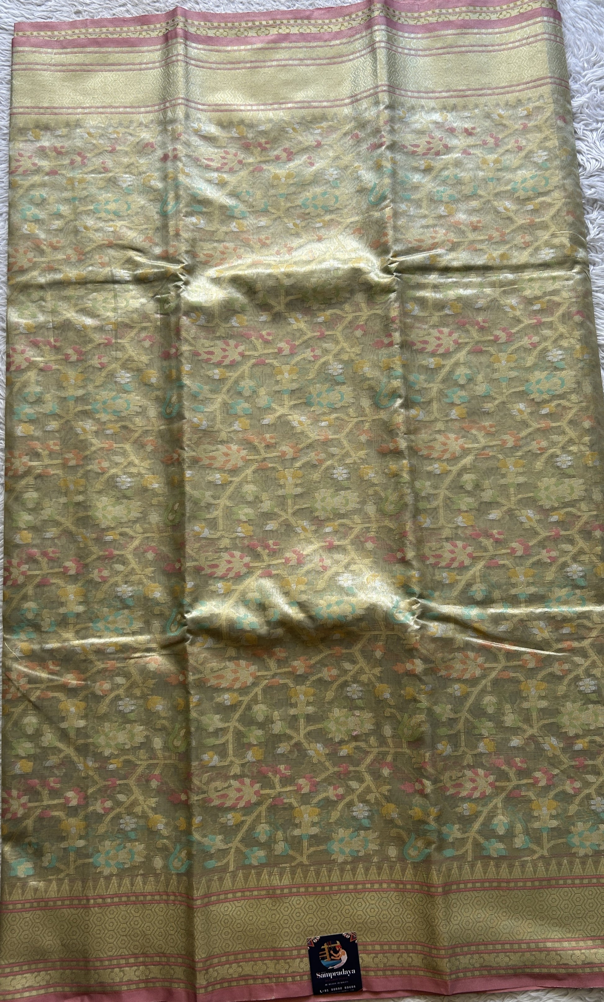 Tissue Organza Saree Very Light Green Colored Elegantly Paired with a Zari Border. - Sampradaya Designer Studio