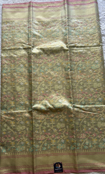 Tissue Organza Saree Very Light Green Colored Elegantly Paired with a Zari Border. - Sampradaya Designer Studio