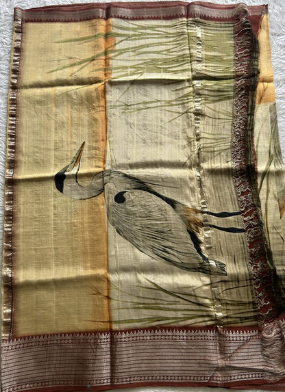 Mangalagiri Pattu Digital Print Saree Cream colored complemented with a Zari Border - Sampradaya Designer Studio
