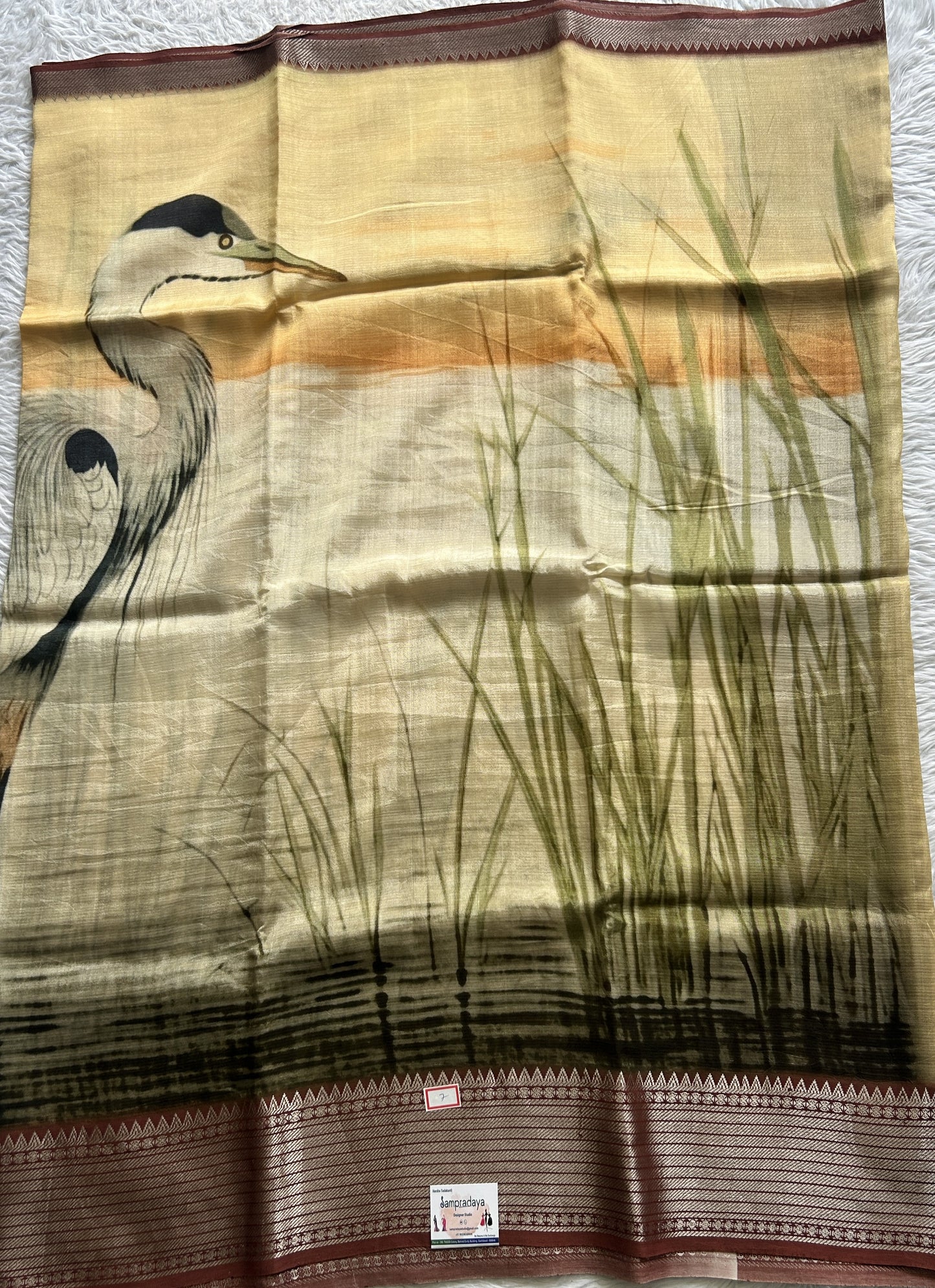 Mangalagiri Pattu Digital Print Saree Cream colored complemented with a Zari Border - Sampradaya Designer Studio