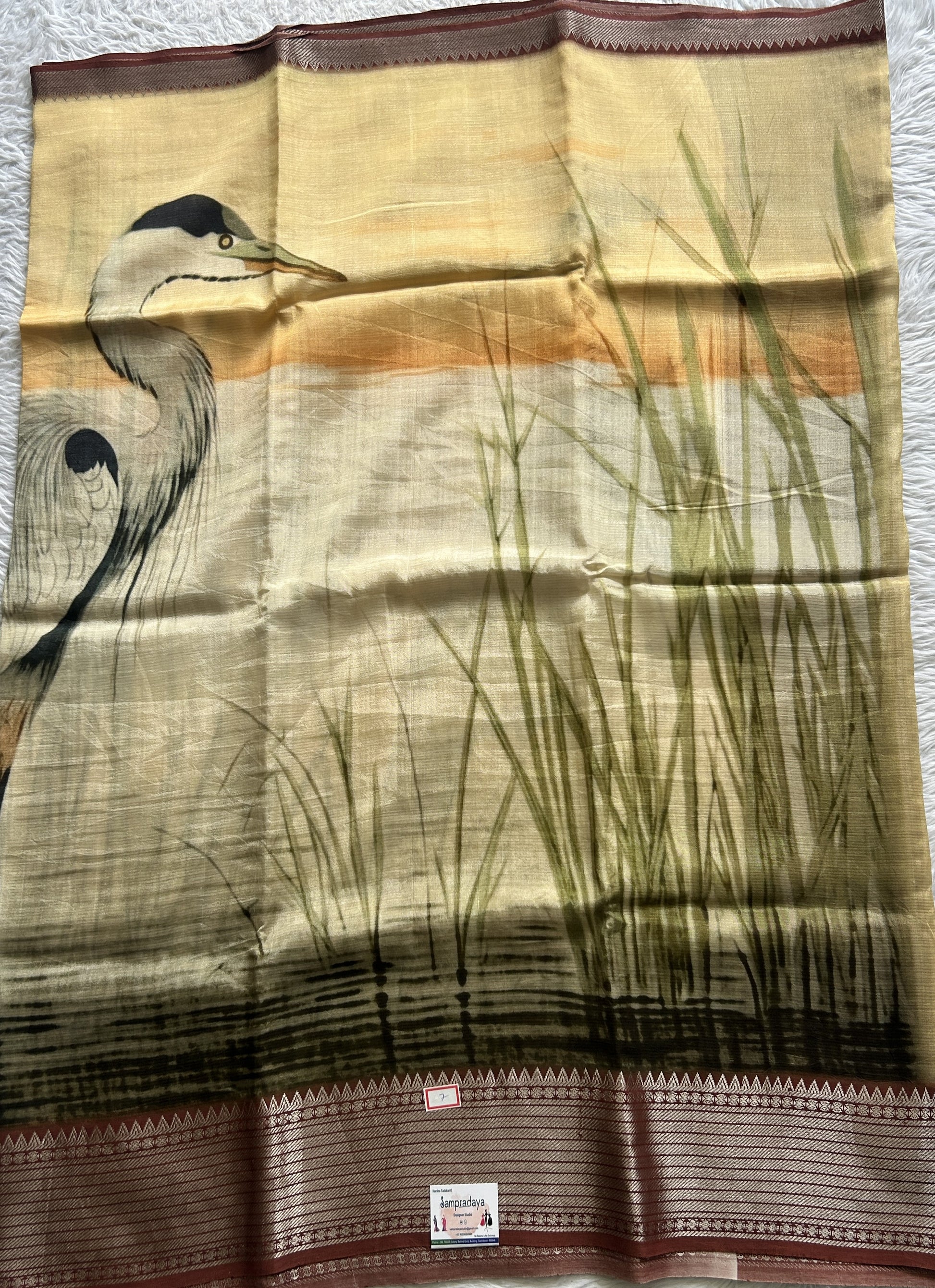 Mangalagiri Pattu Digital Print Saree Cream colored complemented with a Zari Border - Sampradaya Designer Studio