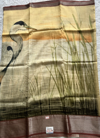 Mangalagiri Pattu Digital Print Saree Cream colored complemented with a Zari Border - Sampradaya Designer Studio