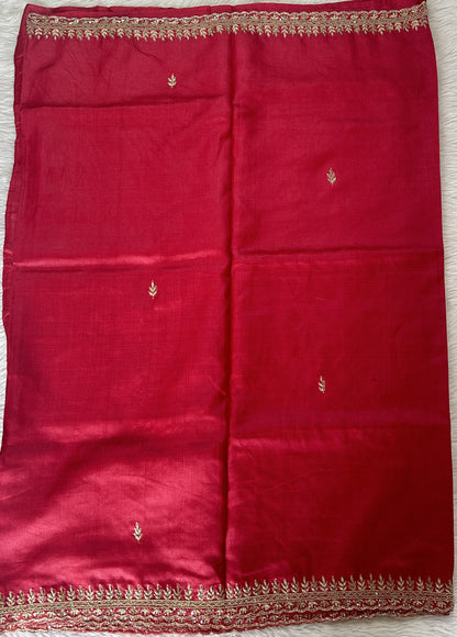 Tussar Handcrafted Designer Sarees Pinkish Red colored Saree complemented with a Hand Embroidery border. - Sampradaya Designer Studio