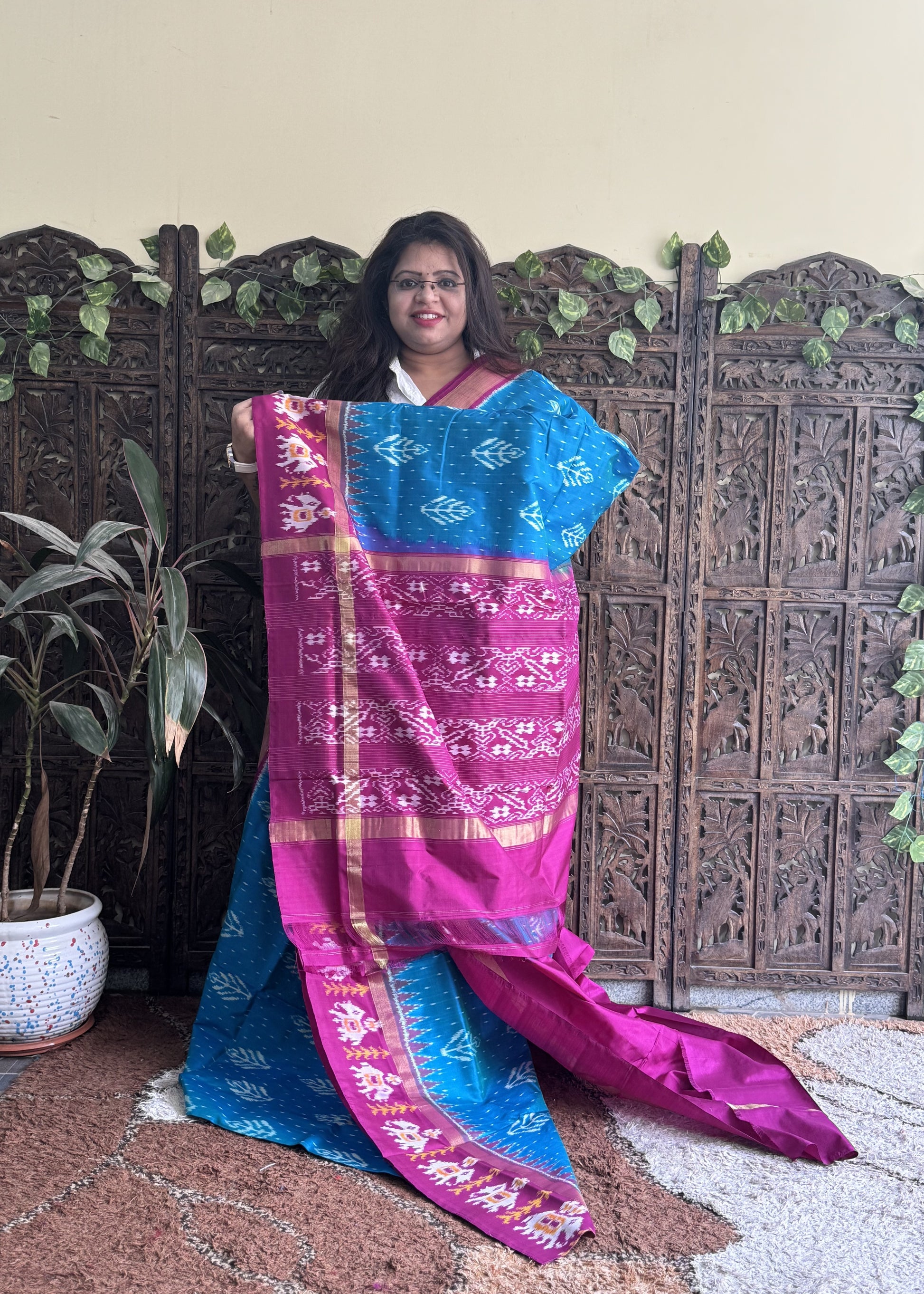 Ikkat Pattu Saree Sky Blue colored complemented with a Zari border. - Sampradaya Designer Studio