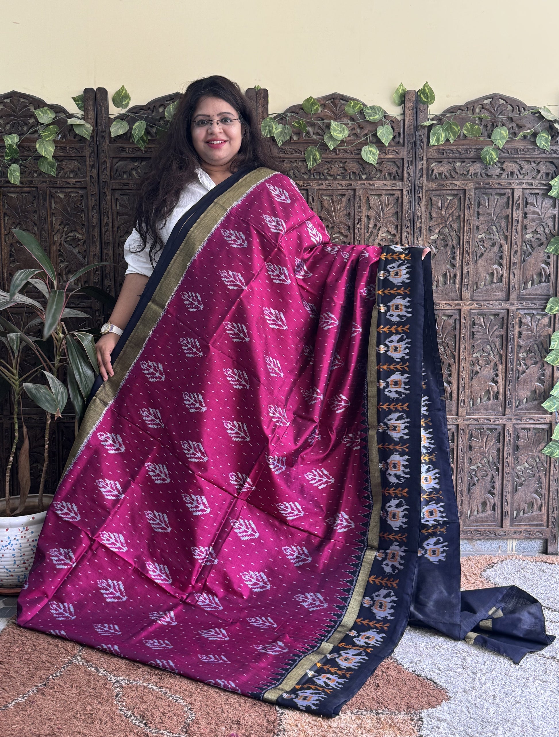 Ikkat Pattu Saree Dark Pink colored complemented with a Ikkat Zari border. - Sampradaya Designer Studio