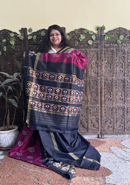 Ikkat Pattu Saree Dark Pink colored complemented with a Ikkat Zari border. - Sampradaya Designer Studio