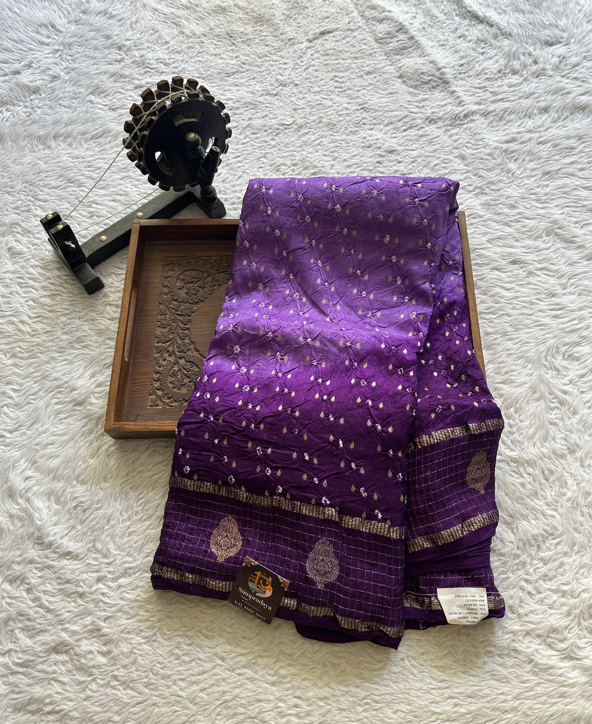 Semi Georgette Bandhani Saree Purple Colored Paired with a Zari Border. - Sampradaya Designer Studio