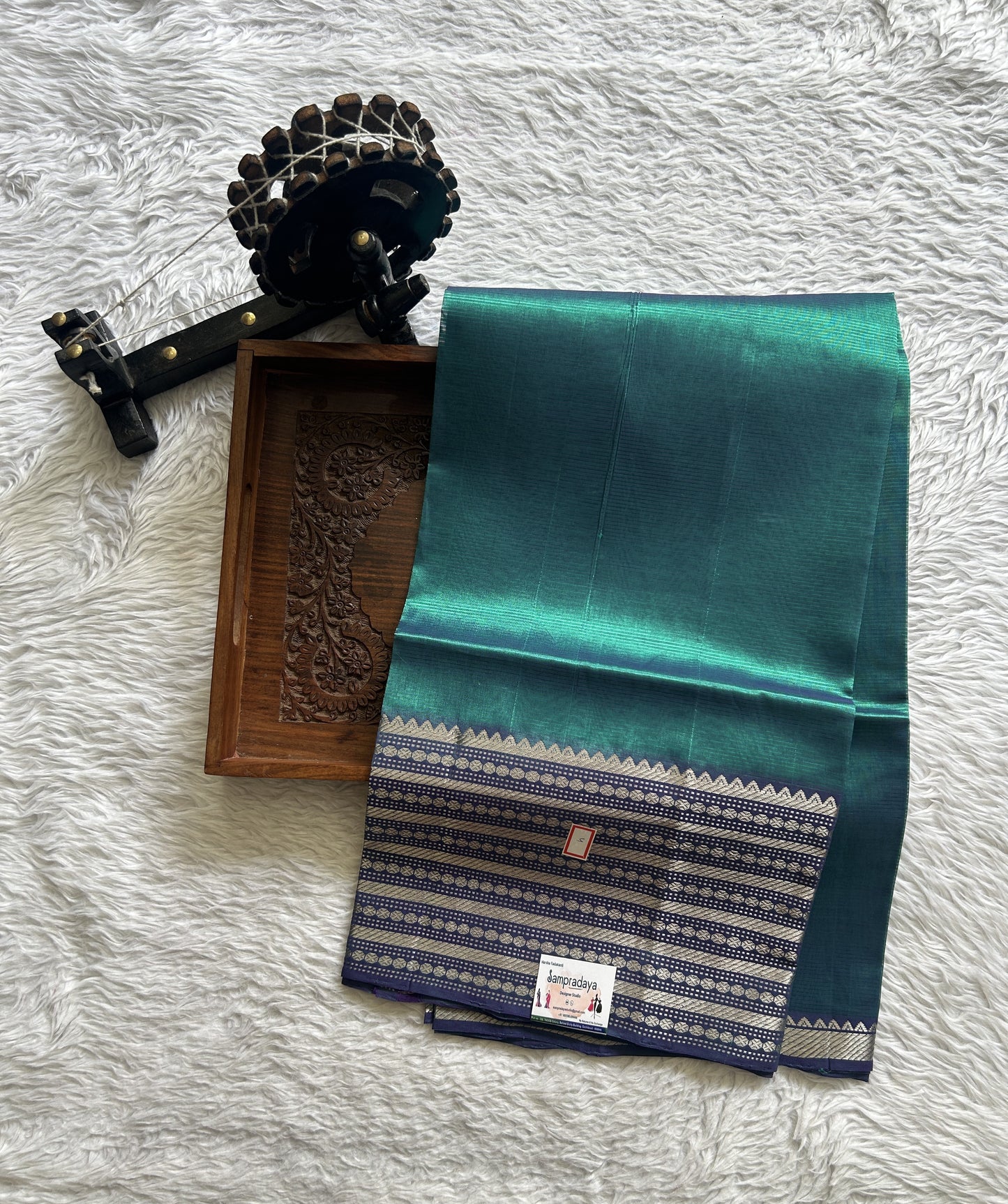 Pure Mangalagiri Pattu Dress Material Peacock Blue Color With a Zari Border. - Sampradaya Designer Studio