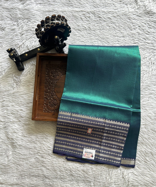 Pure Mangalagiri Pattu Dress Material Peacock Blue Color With a Zari Border. - Sampradaya Designer Studio