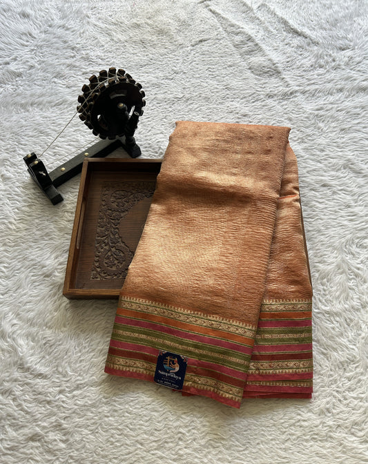 Banarasi Fancy Crushed Saree Orange Colored Complemented with a Zari Border. - Sampradaya Designer Studio