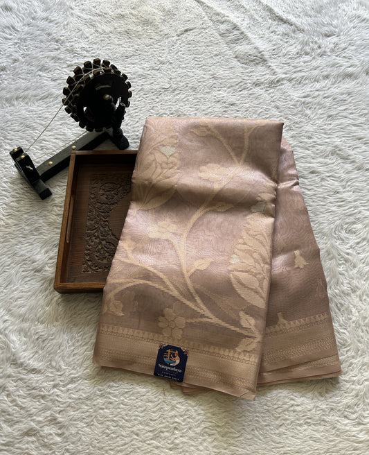 Tissue Organza Saree Baby Pink Colored Elegantly Paired with a Zari Border. - Sampradaya Designer Studio