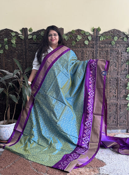 Ikkat Pattu Saree Blue colored complemented with a Ikkat Zari border. - Sampradaya Designer Studio