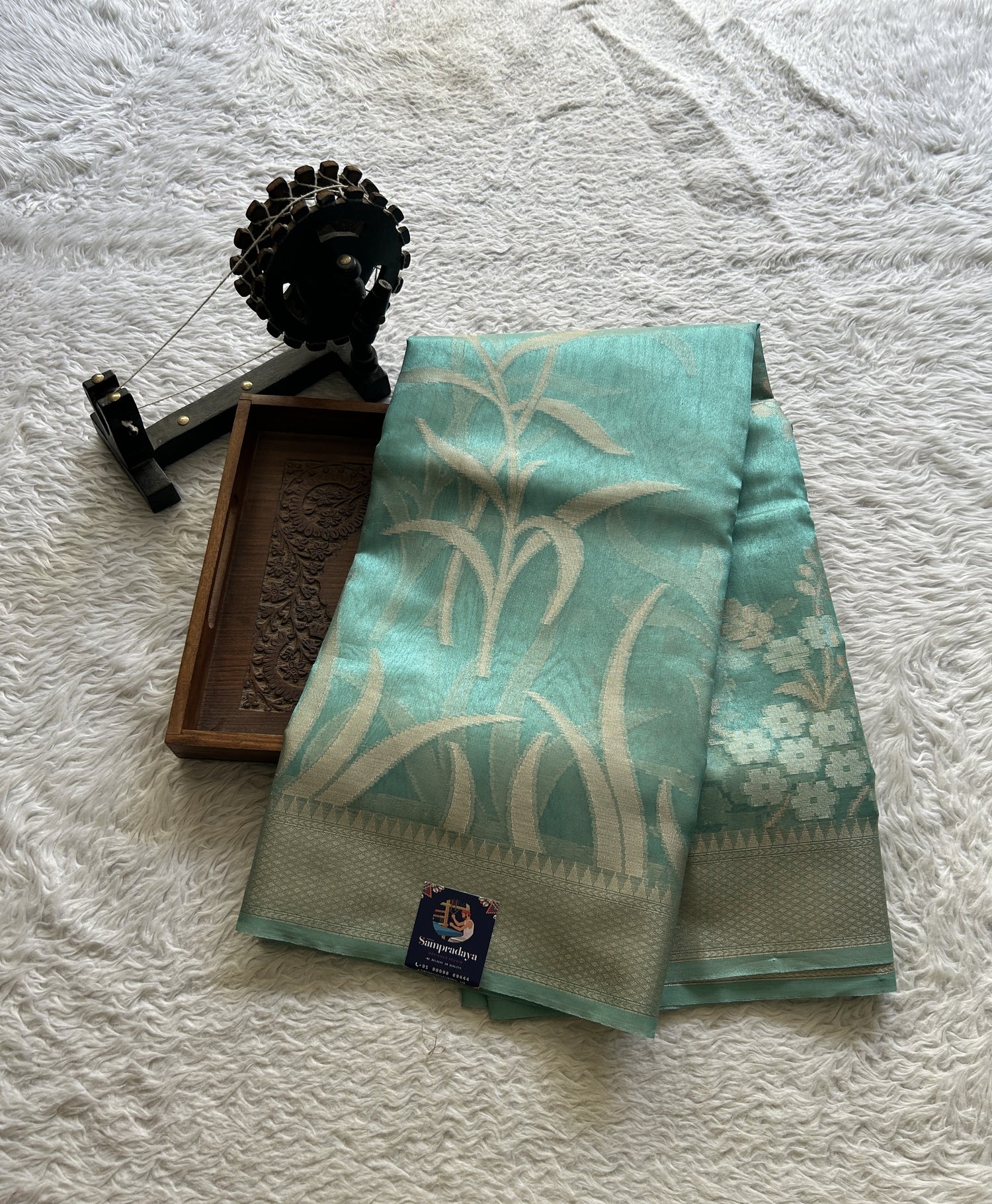 Tissue Organza Saree Blue Colored Elegantly Paired with a Zari Border. - Sampradaya Designer Studio