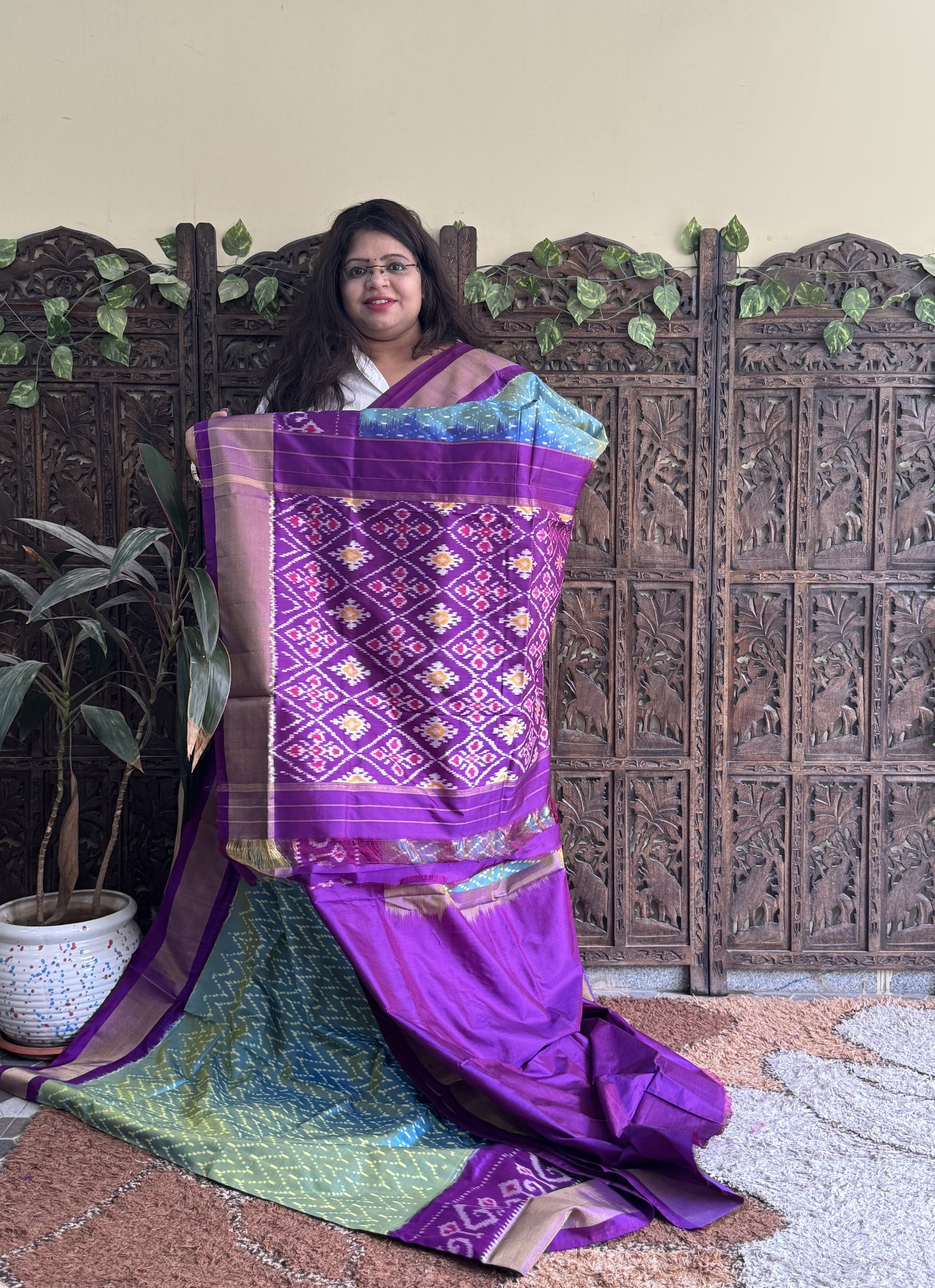 Ikkat Pattu Saree Blue colored complemented with a Ikkat Zari border. - Sampradaya Designer Studio