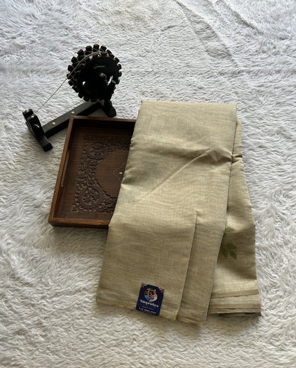 Semi Tussar Saree Colored Bright Cream Complemented with a Borderless. - Sampradaya Designer Studio