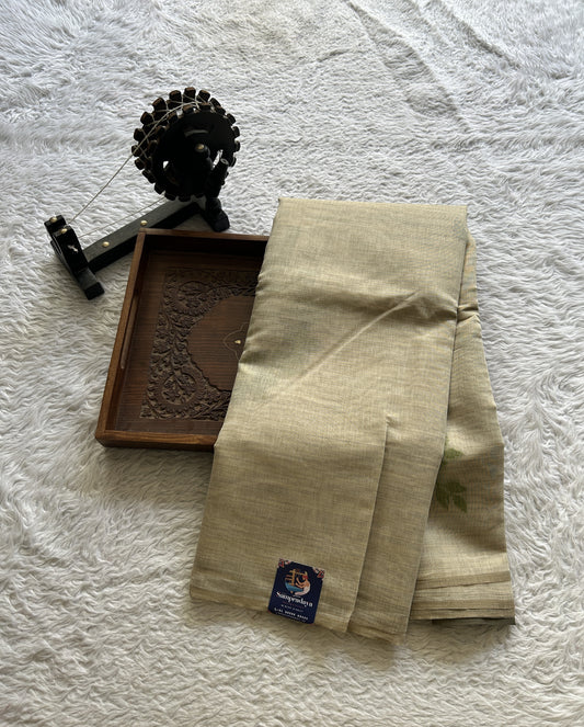 Semi Tussar Saree Colored Bright Cream Complemented with a Borderless. - Sampradaya Designer Studio