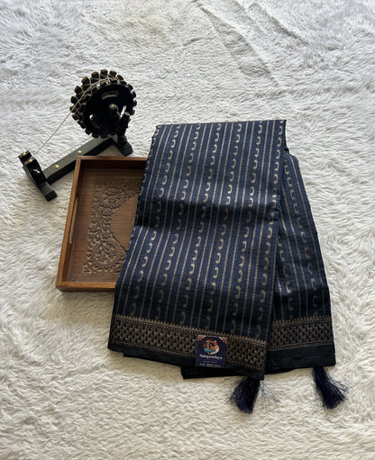 Semi Tussar Saree Colored Dark Navy blue Complemented with a Zari Border. - Sampradaya Designer Studio