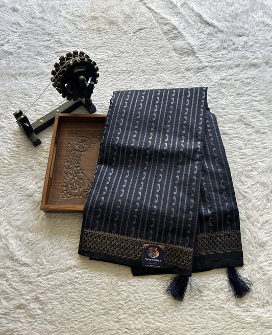 Semi Tussar Saree Colored Dark Navy blue Complemented with a Zari Border. - Sampradaya Designer Studio