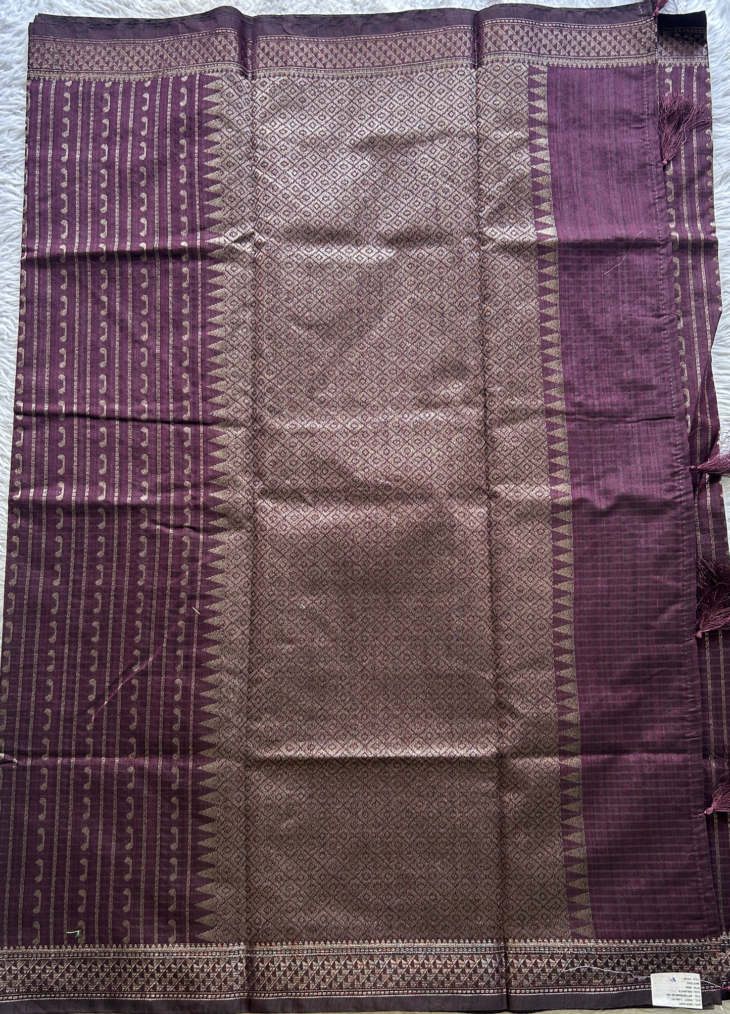 Semi Tussar Saree Colored Burgundy Complemented with a Zari Border. - Sampradaya Designer Studio