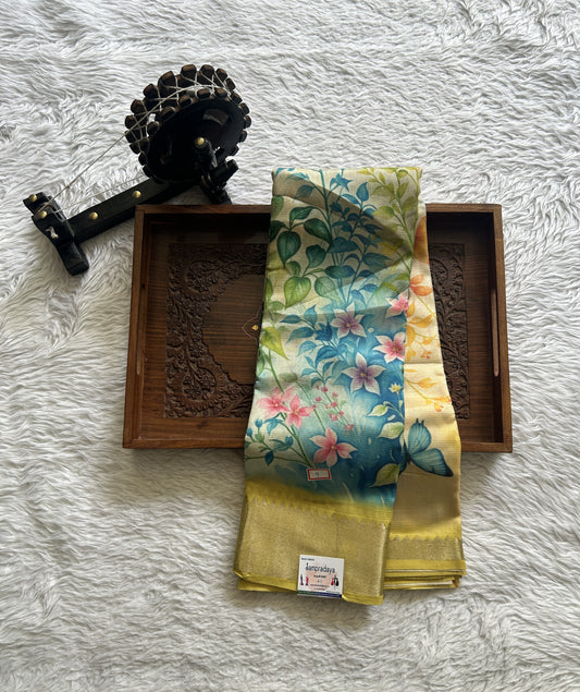 Mangalagiri Pattu Digital Print Saree Light Peach colored complemented with a Zari Border - Sampradaya Designer Studio