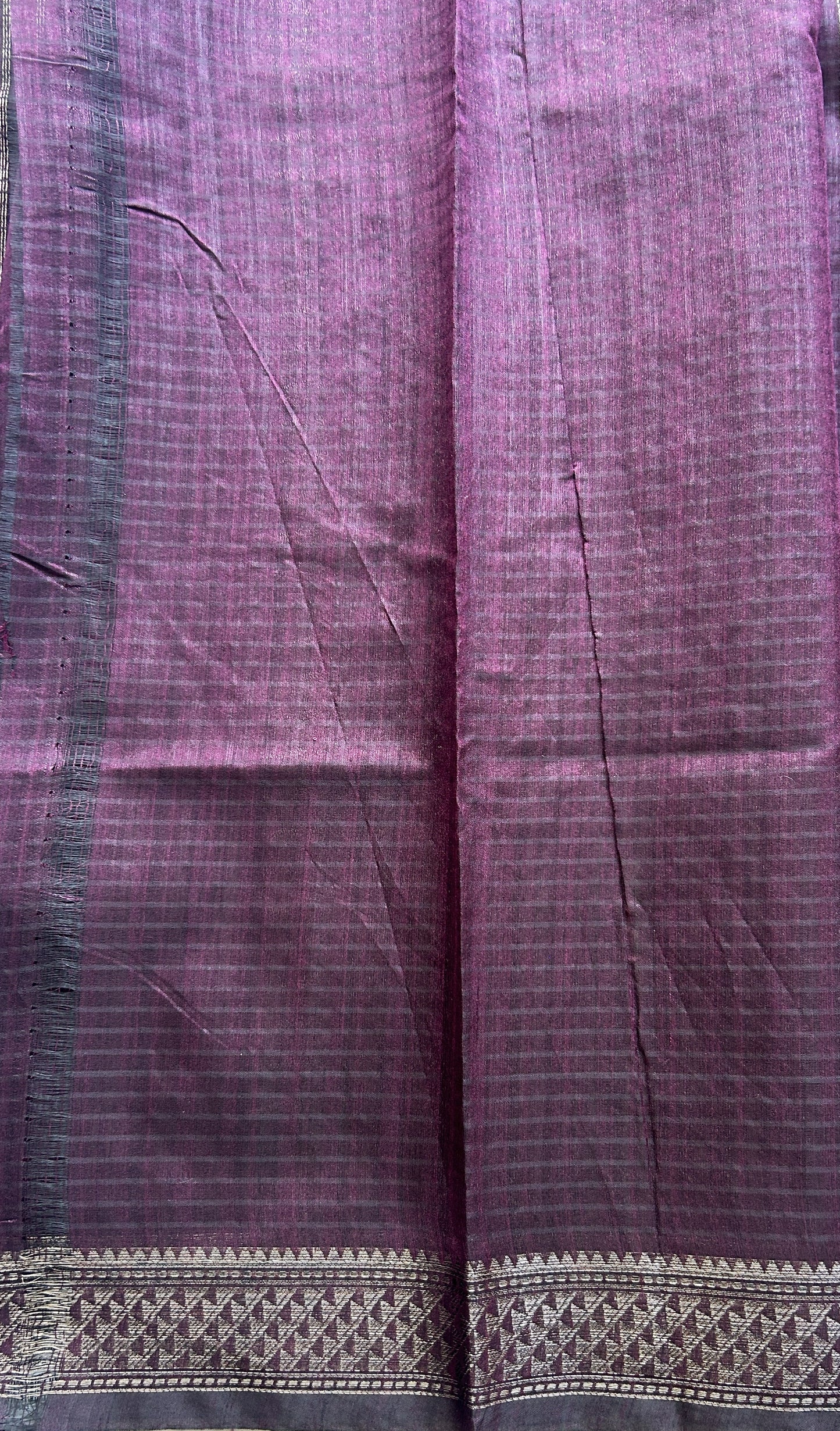 Semi Tussar Saree Colored Burgundy Complemented with a Zari Border. - Sampradaya Designer Studio