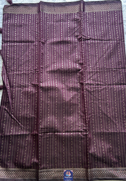 Semi Tussar Saree Colored Burgundy Complemented with a Zari Border. - Sampradaya Designer Studio