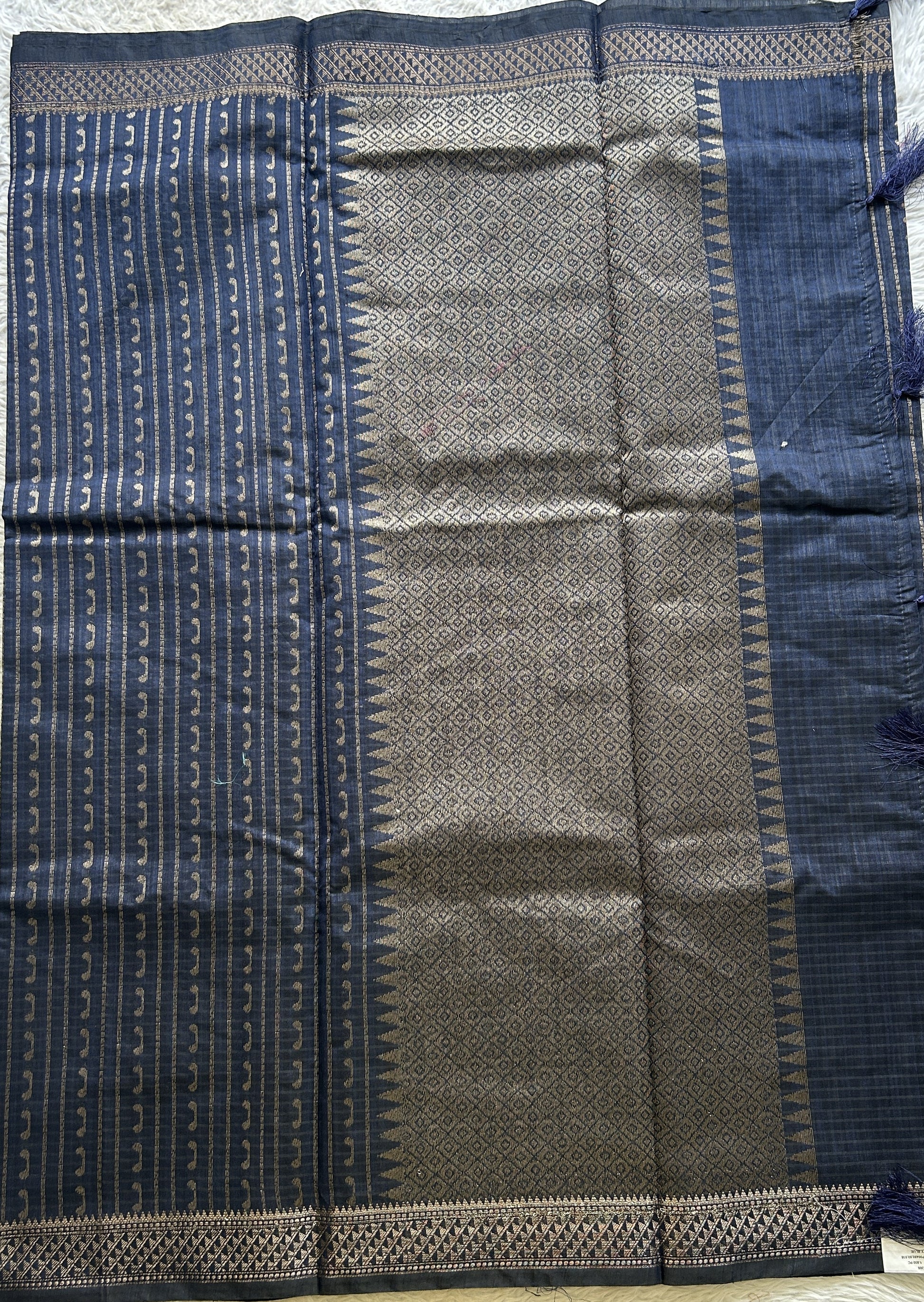 Semi Tussar Saree Colored Dark Navy blue Complemented with a Zari Border. - Sampradaya Designer Studio