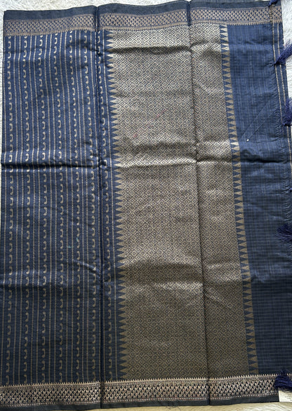 Semi Tussar Saree Colored Dark Navy blue Complemented with a Zari Border. - Sampradaya Designer Studio