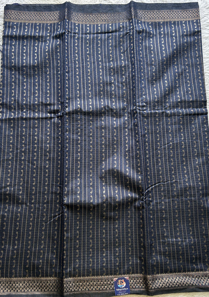 Semi Tussar Saree Colored Dark Navy blue Complemented with a Zari Border. - Sampradaya Designer Studio