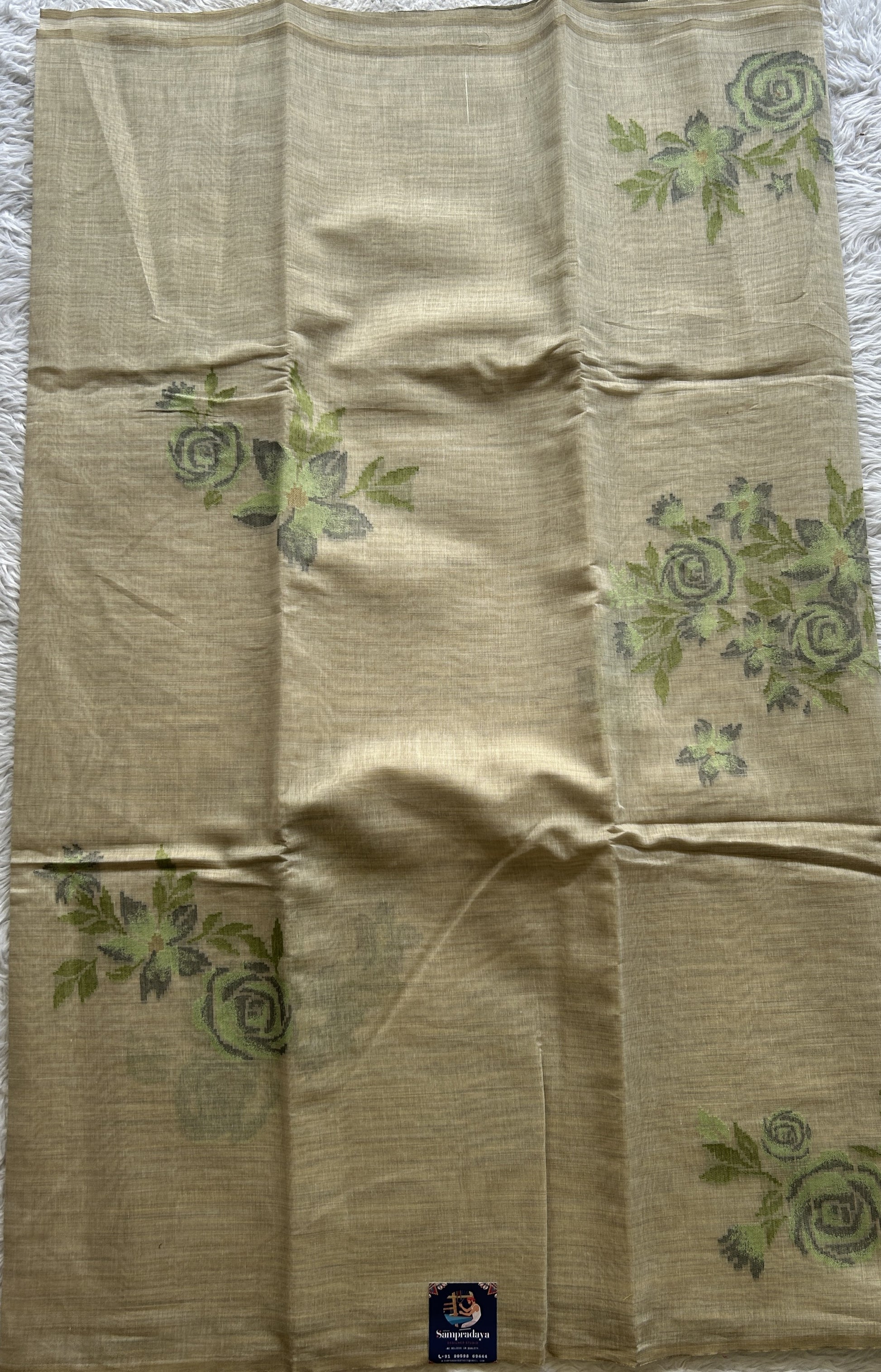 Semi Tussar Saree Colored Bright Cream Complemented with a Borderless. - Sampradaya Designer Studio