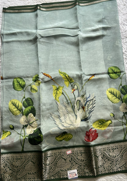 Mangalagiri Pattu Digital Print Saree Hazy Blue colored complemented with a Zari Border - Sampradaya Designer Studio