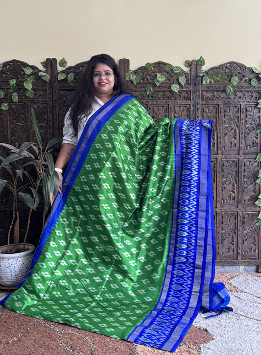 Ikkat Pattu Saree Green colored complemented with a Ikkat Zari border. - Sampradaya Designer Studio