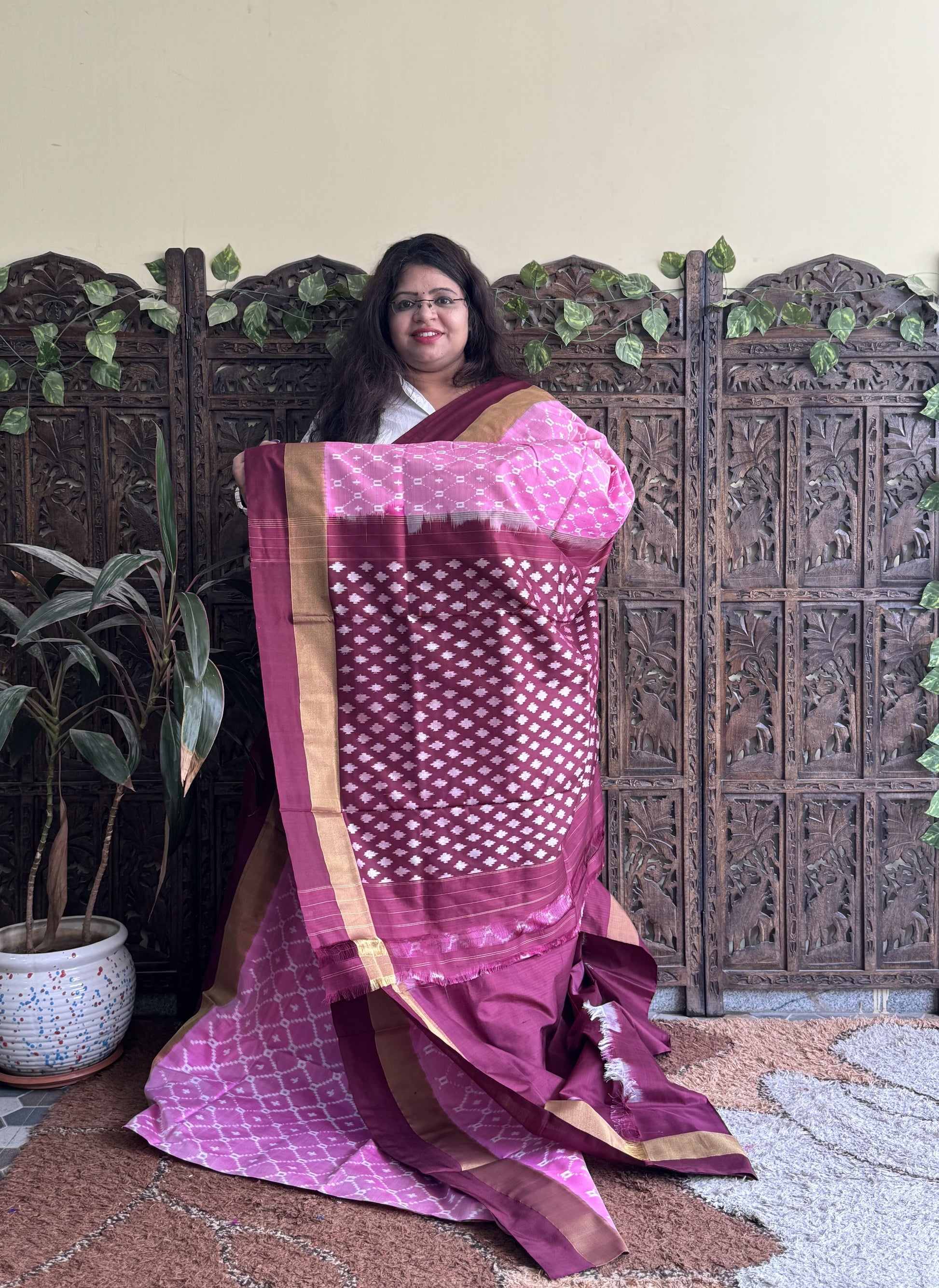 Ikkat Pattu Saree Light Pink colored complemented with a Zari border. - Sampradaya Designer Studio