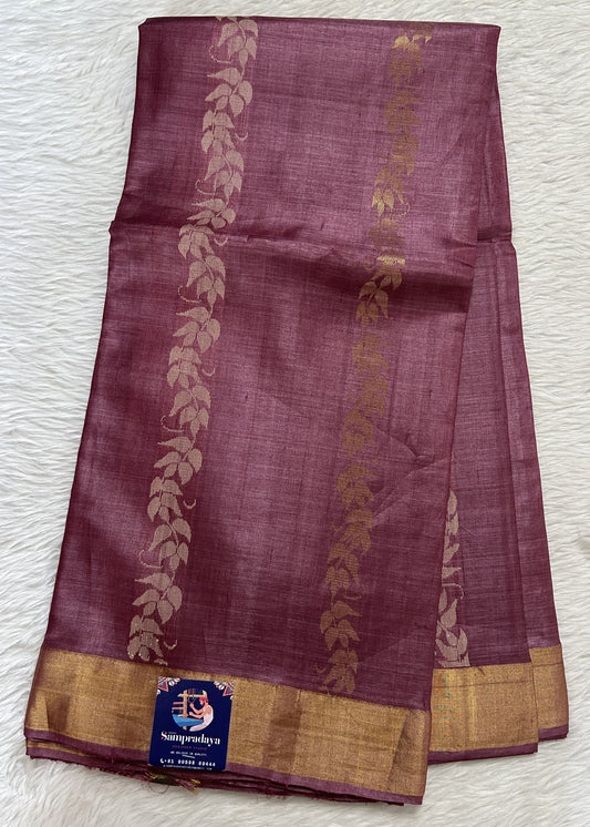 Tussar Silk Saree Magenta colored Saree complemented with a Gold Zari border. - Sampradaya Designer Studio