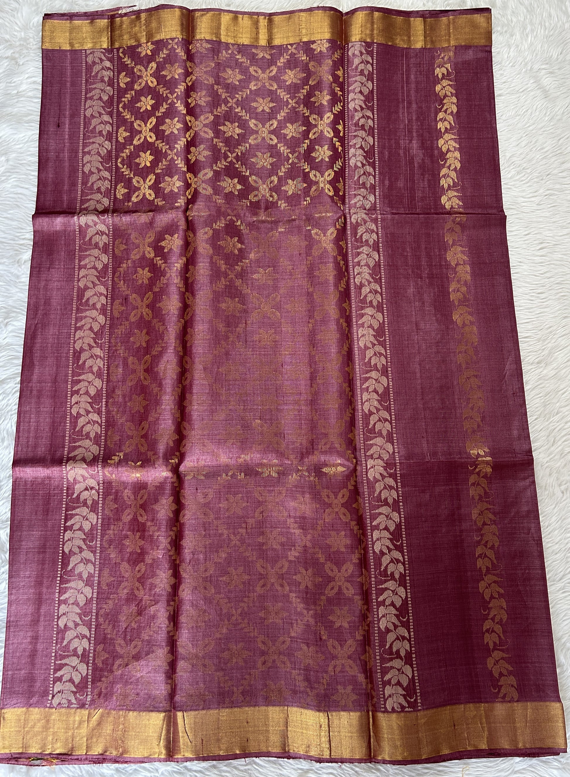 Tussar Silk Saree Magenta colored Saree complemented with a Gold Zari border. - Sampradaya Designer Studio