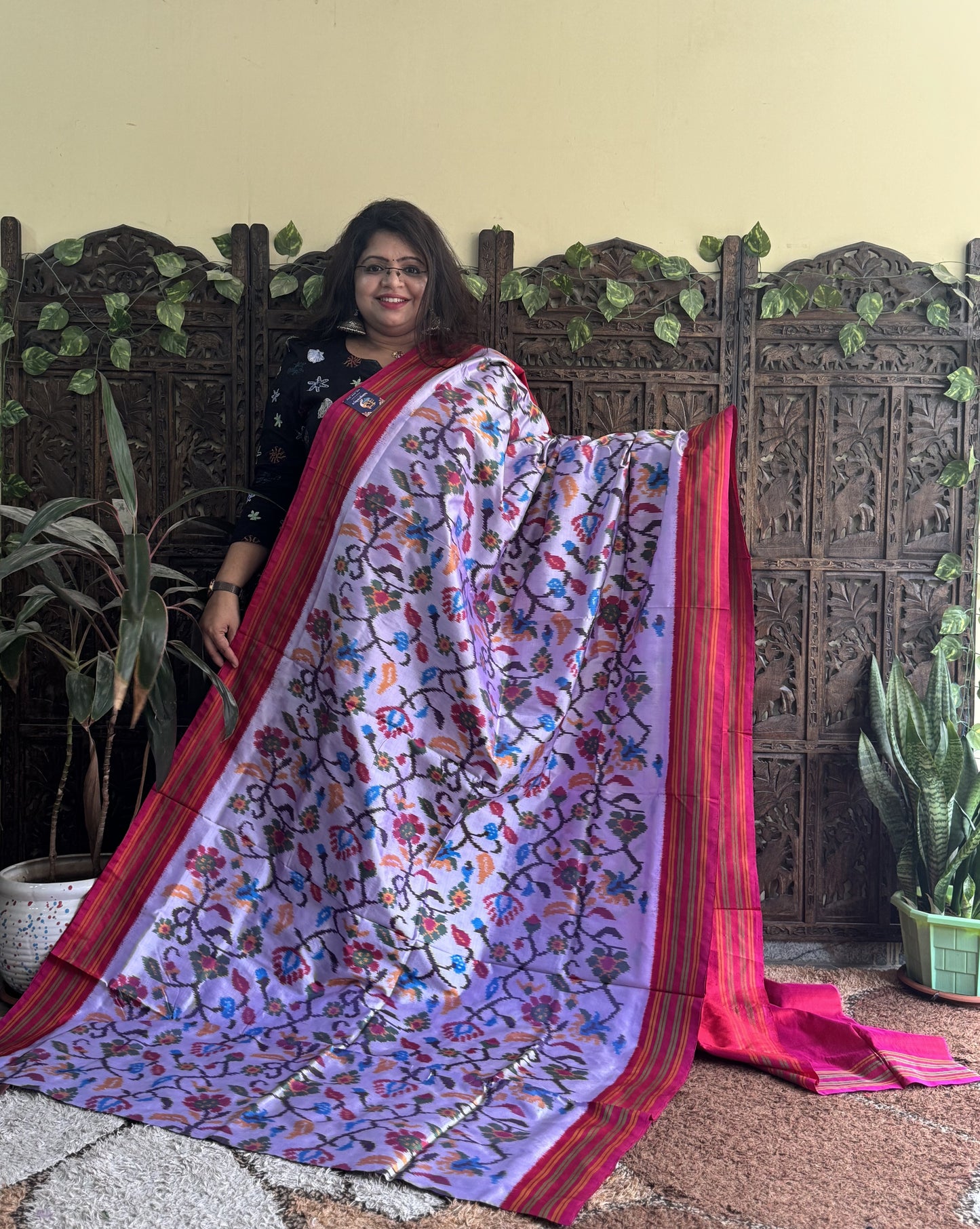 Ikkat Pattu Saree Light Lilac colored complemented with a Patola border. - Sampradaya Designer Studio