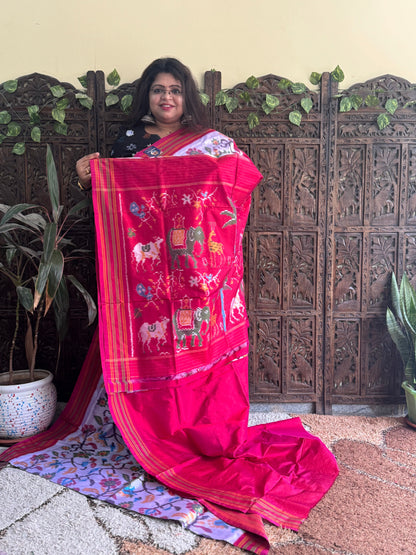 Ikkat Pattu Saree Light Lilac colored complemented with a Patola border. - Sampradaya Designer Studio