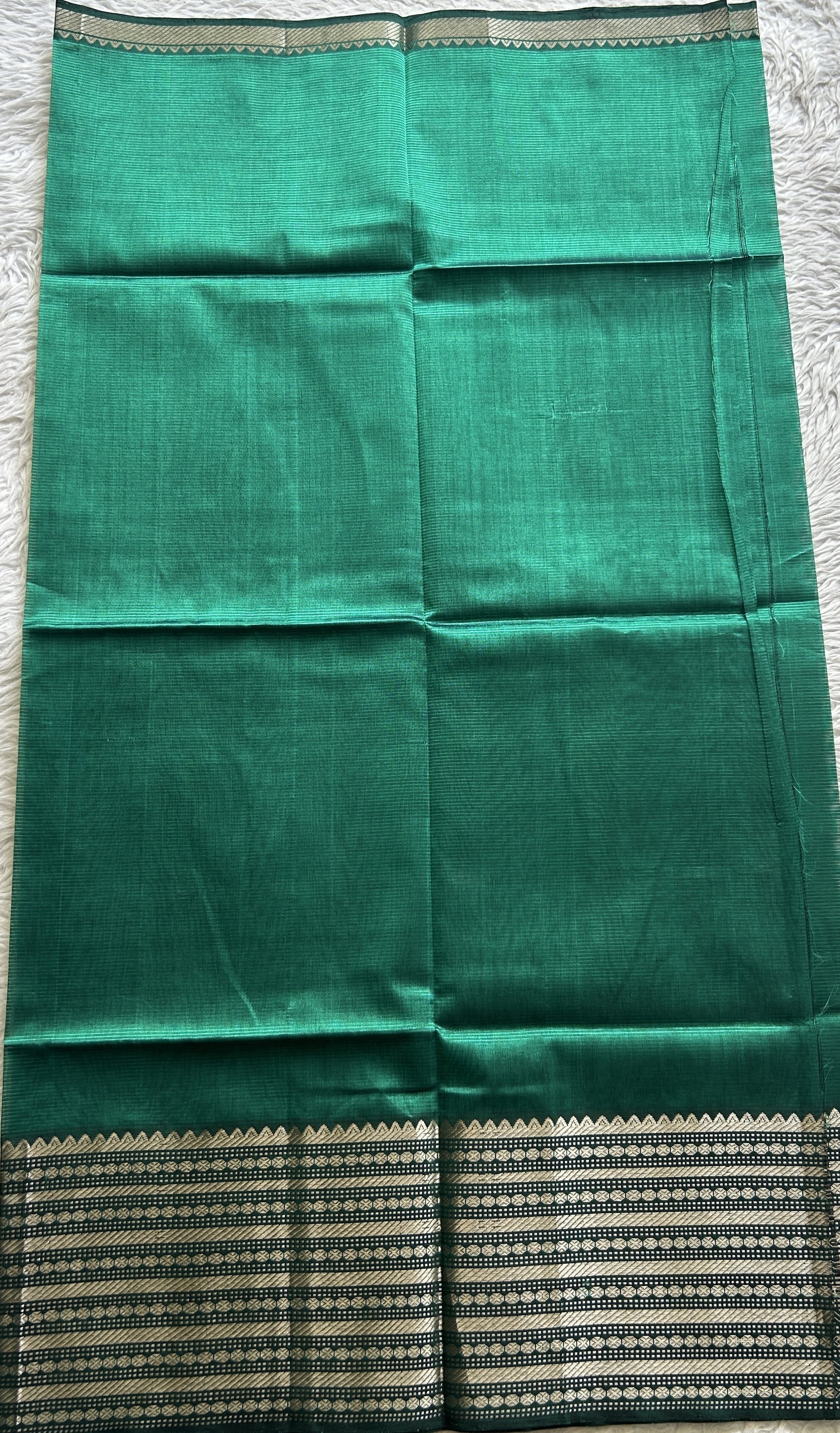 Pure Mangalagiri Pattu Dress Material Bottle Green Color With a Zari Border. - Sampradaya Designer Studio